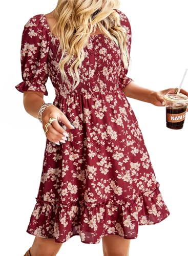 Image of Dokotoo Womens Casual Summer Dresses Short Sleeve Square Neck Smocked Boho Floral Sundress Flowy A-Line Mini Dress