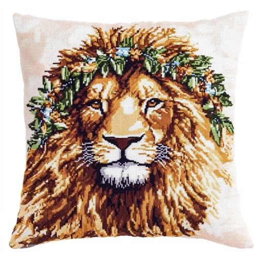 Kit point de croix lion couronne de fleurs WallustrioaW toile imprimée 45x45