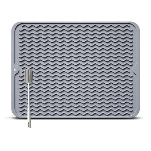 Alfombrilla Escurreplatos de Silicona - 50 x 40 cm Grande Alfombrilla Escurreplatos Plegable, Rectangular, Enrollable, con Cepillo de Limpieza de Esponja, Platos sin BPA, Antideslizante