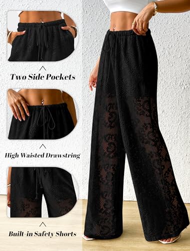 Bsubseach Women Crochet Beach Cover Up Pants Sheer Wide Leg Drawstring Summer Swimsuit Coverup Long Pants with Pockets4