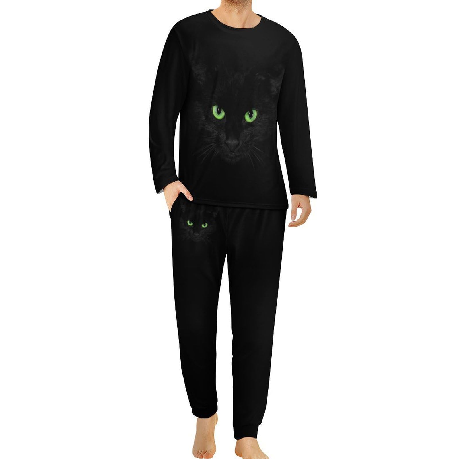 Qjjinxior Men's Crew Neck Pyjamas Set, Black Cat Pyjamas for Men, Men's Pajamas with Pockets