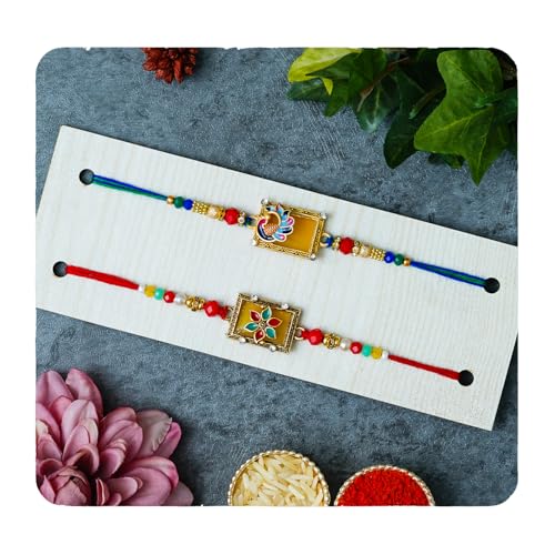 Image of TONKWALAS Rakhi for brother Set of 2 Rakhi With Roli Chawal Set and Greeting Card