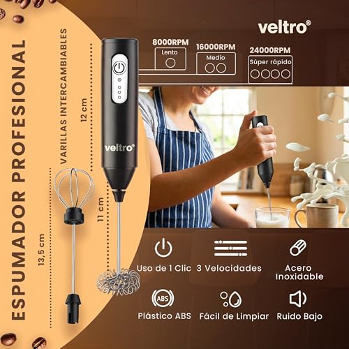 Miniatura 4 de Veltro Super Pack Espumador De Leche Electrico, Batidora De Mano 24000 Rpm Potente, Usb-C Recargable, Milk Frother Profesional, Accesorios Cocina, 2 Varillas Acero Inoxidable, Mezclador De Matcha