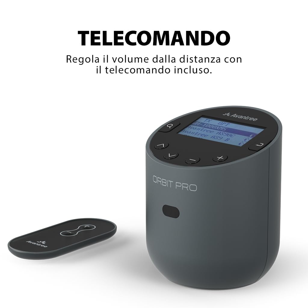 Avantree Orbit Pro - Trasmettitore e Ricevitore Audio Bluetooth TV, Adattatore 5.1 Surround PassThrough, Telecomando per Volume, Nessun Ritardo Labiale, Schermo LCD Lungo Raggio Classe 1