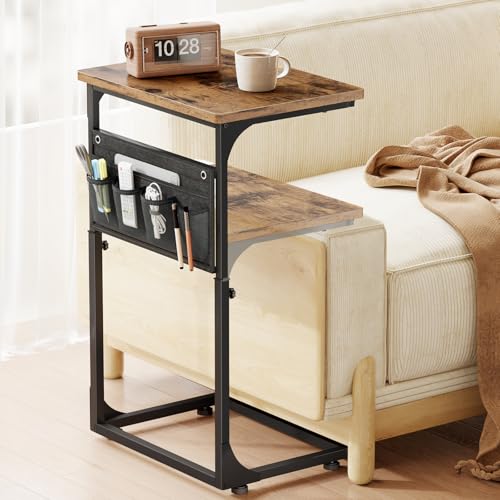 Fixwal C Shaped Side Table Adjustable Height End Table for Couch Small Sofa Table TV Tray with Storage Bag for Living Room, Bedroom & Office, Rustic Brown