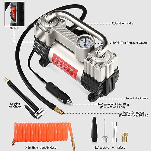 GSPSCN Silver Tyre Inflator Heavy Duty Double Cylinders with Portable Bag, Metal 12V Air Compressor Pump 150PSI with Adapter for Car, Truck, SUV Tyres, Dinghy, Air Bed etc