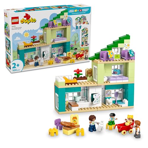 LEGO Duplo Casa Familiar Moderna “3en1” con Figuras - Juego Educativo para la Motricidad Fina - Juguete Montessori Interactivo con Casa de Muñecas - Regalo para Niñas y Niños de 2+ Años - 10470