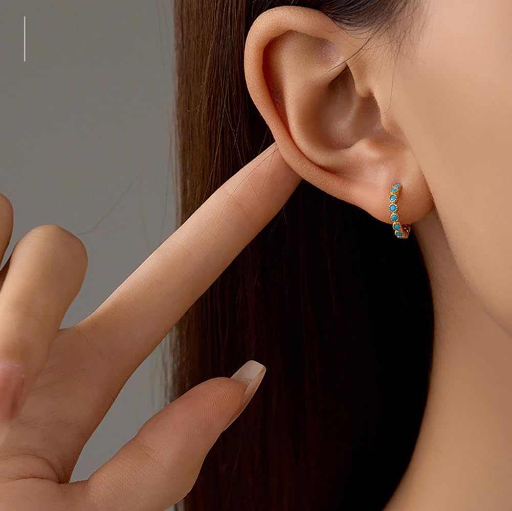 Cute Turquoise Huggie Hoop Small Earrings for Women Cartilage 925 Sterling Silver Beaded Hypoallergenic Pierced Sleeper Cuffs 10mm Hoops Earring Dainty Birthday Christmas Jewelry Gifts for Everyday - Image 3