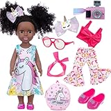 ZQDOLL Black Doll and Black Baby Doll Clothes 14.5 inch African American Silicone Girl Doll with 2 Sets Clothes and Travel Equipment Camera Backpack Glasses etc - Best Gift for Kids Girls