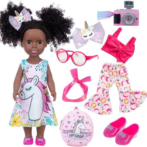 ZQDOLL Black Doll and Black Baby Doll Clothes 14.5 inch African American Silicone Girl Doll with 2 Sets Clothes and Travel Equipment Camera Backpack Glasses etc - Best Gift for Kids Girls