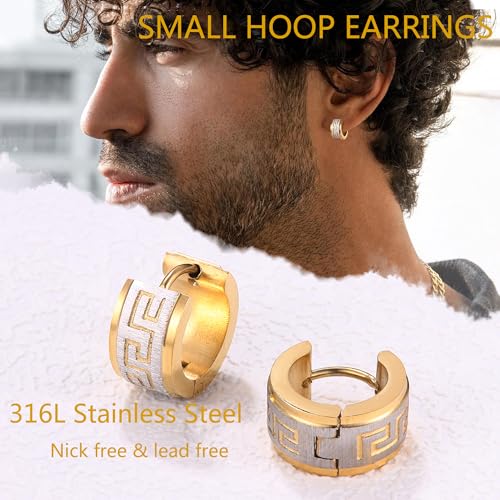 Jstyle 3 Pairs Men's Hoop Earring Stainless Steel Hoop Earrings for Men Women Huggie Earrings Unique Greek Key Fashion Huggie Earrings Piercing Jewelry3