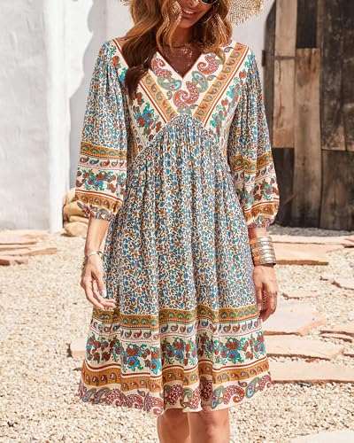 Image of BTFBM Women Casual Spring Summer Dresses V Neck 3 /4 Long Sleeve Ruffle Floral Flowy Boho Babydoll Mini Short Beach Dress
