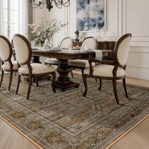5x7 Washable Area Rug for Living Room Dining Room, Distressed Non Slip Vintage Floral Rugs for Bedroom, Traditional Indoor Floor Carpet for Dining Kitchen Farmhouse Olive/Charcoal