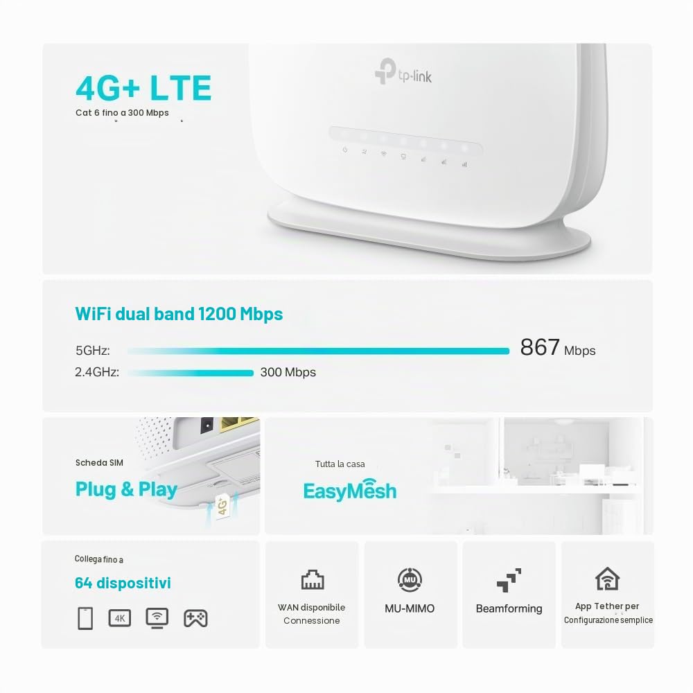 TP-Link Archer MR515 AC1200 4G+ Cat6 WiFi Router, Porta Gigabit con Slot SIM, WiFi Mobile, LTE Superveloce, Antenna Interna, MU-MIMO, Plug & Play