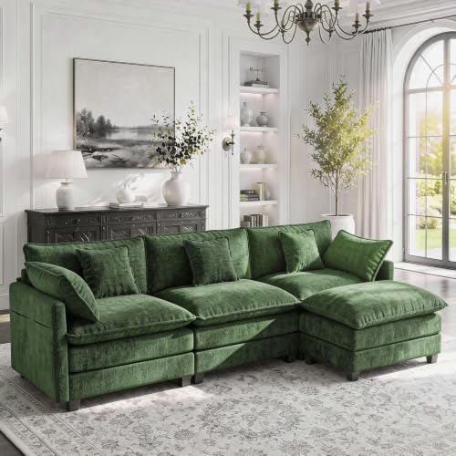 Image of 112 inch L-Shape Modular Sofa with 1 Ottomans, Deep Seat Cloud Convertible Sleeper, 3 Throw 2 Arm Pillows, Comfortable Upholstered Furniture for Living Room Apartment, Green