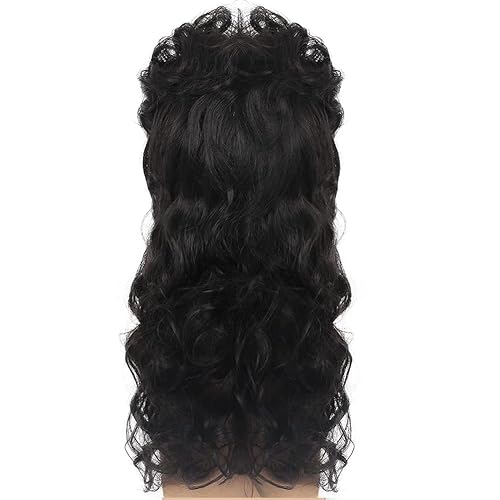 Miniatura 3 de Kaneles Pelucas largas y rizadas de color negro para hombres y hombres de los años 70 y 80, peluca sintética para disfraz punk rockero con gorra de