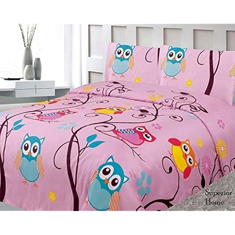 Sapphire Home 4 Piece Owl Full Bed Sheets for Kids - Fitted Sheet, Kids' Sheet & Pillowcase Sets - Owl Pink Room Decor for Girls - Toddler Bed Sheet - Full Size Cover