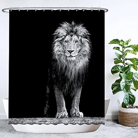 Ulticool - Cortina de Ducha - León Cabeza de Naturaleza Animales - 180 x 200 cm - Semi Transparente - Cortina de baño - Lavable - Antimoho - con 12 Anillas Blancas - Azul Beige - Negro Blanco Cover