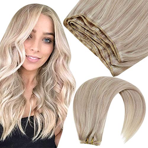 Hetto 16'' Sew in Double Wefted Hair Bundles Silky Straight Weave Human Hair Bundle Blonde Highlight Hair Wefts Human Hair Extensions 80g One Bundle