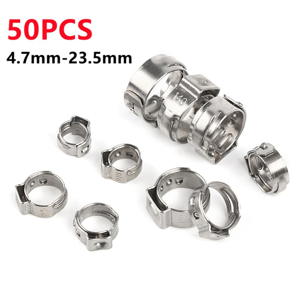 50 abrazaderas de manguera de una sola oreja continuas de 4,7 a 23,5 mm, abrazaderas de manguera de acero inoxidable 304, anillos de abrazadera de cincha para sellar tipos de manguera, 10,3, 12,8 mm
