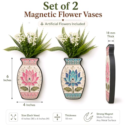 Image of Regalo Casila Magnetic Artificial Flower Vase Fridge Magnets Set of 2 Lotus Kundan Art Indian Ethnic Decorative Refrigerator Kitchen Home Office Decor Housewarming Gift