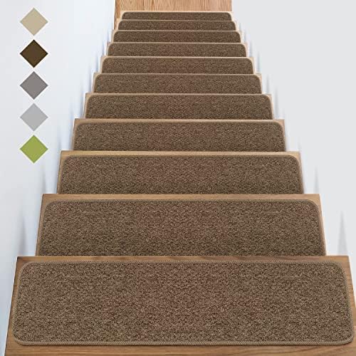 Non Slip Stair Treads Carpet - for Wooden Steps Indoor with Self Adhesive Tape Set of 15, Anti Moving Stair Runners Covers Mats Staircase Step Carpet for Elder Pet Dog, 8"X30", Brown