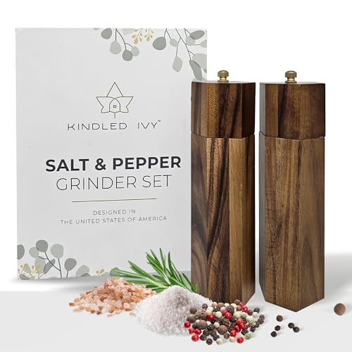 Kindled Ivy Acacia Wooden Pepper Grinder and Salt Grinder Shaker Mill Set - Beautiful Natural Wood, Fancy Gold Tops, Ceramic & Non-Eroding Metal Grinders Hexagon Shape 8x2.5