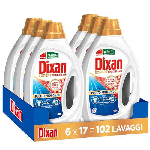 Dixan Liquido Expert Smacchiante Detersivo Lavatrice, 6 confezioni da 17 Lavaggi, Detersivo liquido per una pulizia profonda del bucato e freschezza igienica per lavatrice, Rimuove le macchie da 20°C