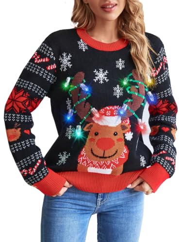 LANPULUX Ugly Christmas Sweater for Women Crewneck Pullover Light Up