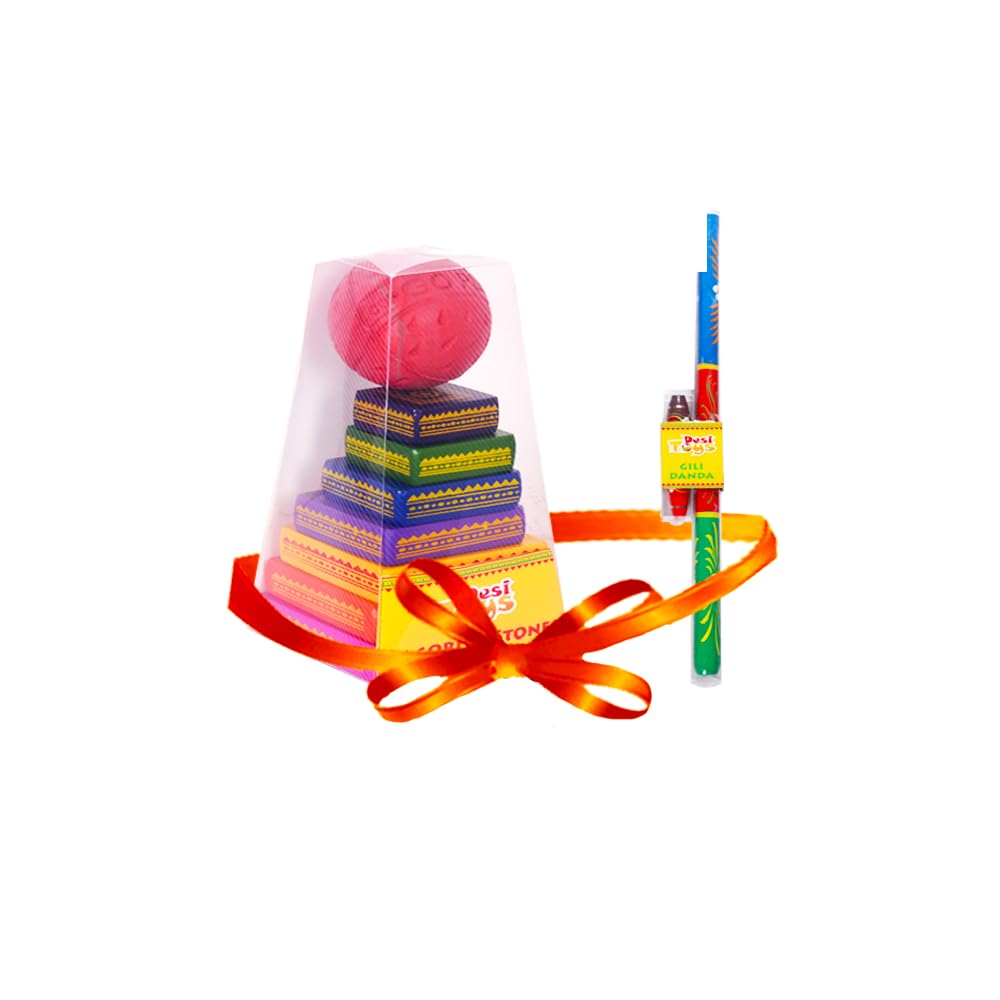 Desi Toys Lagori Pitthu Game Set | Handcrafted Seven Stones & Ball | Classic Indian Sitoliya | Traditional Outdoor Games | Fun Family Activities | Combo Pack (Lagori & Gilli Danda) - Multicolor