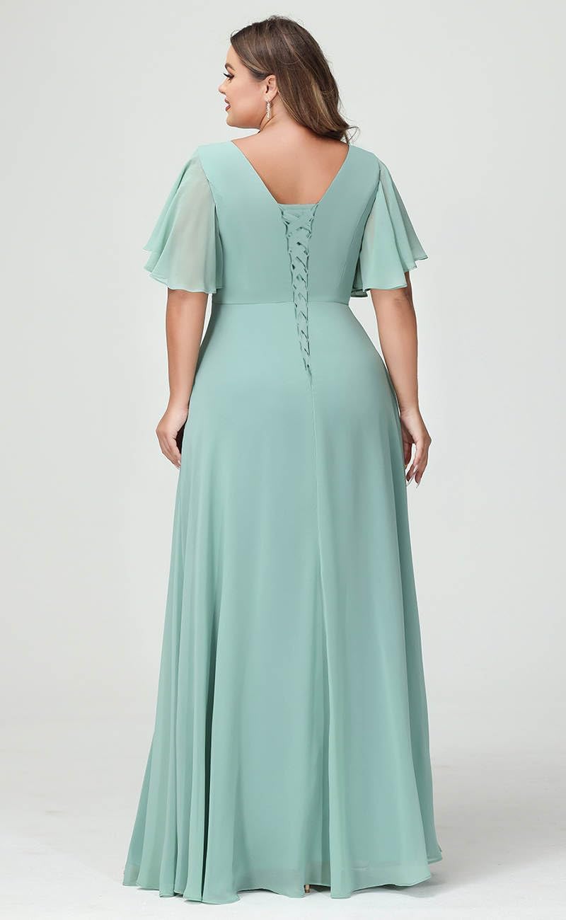 Women's Chiffon Mother of The Bride Dresses with Sleeves V Neck Wedding Guest Dress Ruffled Aline Formal Evening Gowns