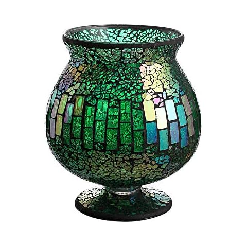 WHOLE HOUSEWARES | 6.5 X 7 Inches Mosaic Hurricane Glass | Mosaic Glass Green Vase for Gifts & Home Decoration | Hurricane Glass Candle Holder ( Green ) Cover