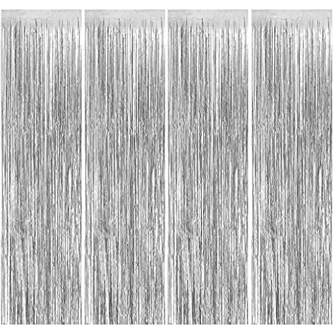 Feibmir Pack of 4 Silver Tinsel Curtains, Glitter Curtain Decoration, Foil Fringe Background Decorative, for Birthday Party, Baby Shower, Wedding, Christmas Decorations Cover