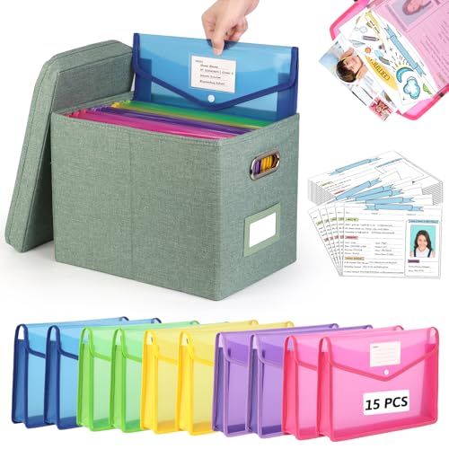 Kids Memory Box K-12 School Years Memory Kit with 15 File Folders & 16 Memory Questionnaires Green Linen File Organizer Box with Lid Artwork Storage Organizer Keepsake Portfolio for School Work