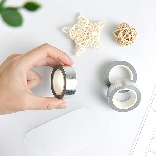 Miniatura 4 de NatSumeBasics Cinta Washi metálica plateada, 3 unidades de 0.6 pulgadas x 32 pies, cintas adhesivas adhesivas de papel de aluminio, autoadhesivas,