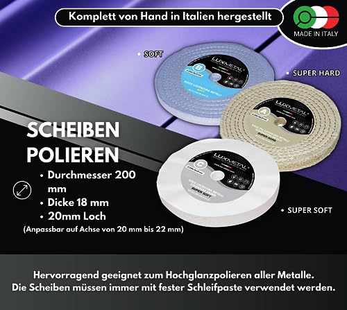 Lux Metal - 3 Polierscheiben 200 mm (A-B-C) Baumwolle Sisal für schleifbock doppelschleifer bohrmaschine akkuschrauber winkelschleifer Polierscheibe Zum Polieren Metall Aluminium Edelstahl Polierpaste