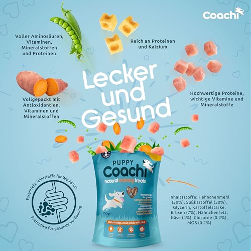 Coachi Natürliche Leckerlis fürs Welpentraining - Gesunde, Getreidefreie und Hypoallergene Leckerlis für Welpen. Weich und einfach teilbar. Der gesunde Snack für Welpen (Huhn, 100g)
