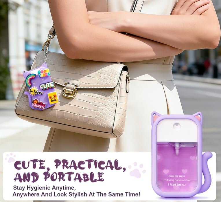 Portable Silicone Case Compatible with Touchland Hand Sanitizer 1 FL OZ / 30ML, Cute Cat-Shaped Case with 8 Charms and Keychain, Hand Sanitizer Spray Accessory, Gift for Women And Teens(Purple cat) - Image 3
