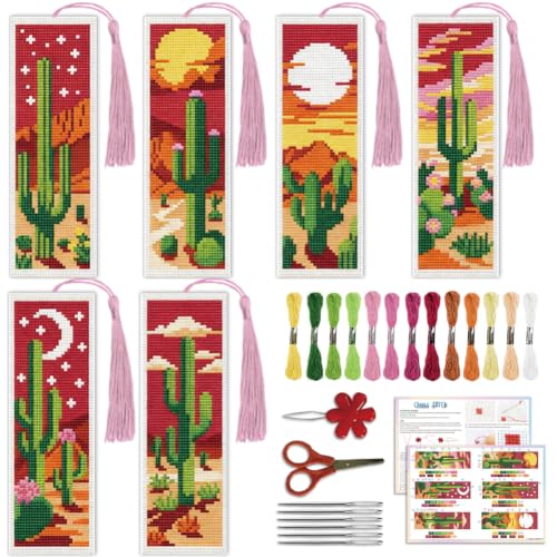 Image of ACRNIGHEET 6PCS Cross Stitch Bookmark Kit for Beginner Stamped Cross Stitch Kits for Adults Cactus DIY Tassel Embroidery Bookmark Kits Needlepoint Kit with Instructions Craft Gift 8.5''x3'' 11CT