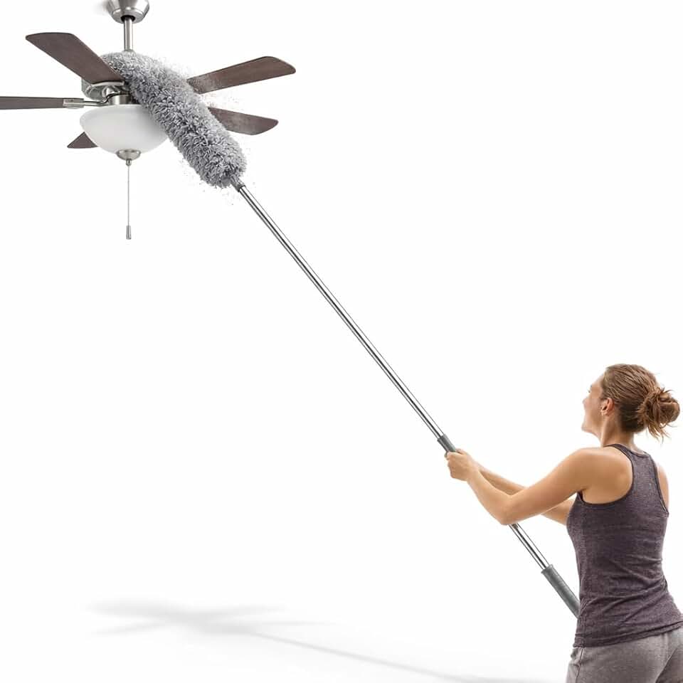 Espanador Telescópico Microfibra Inox, Extensível 2,80m, Flexível para Teto Ventiladores Persianas, Lavável Cabo Aço Inox Antiderrapante