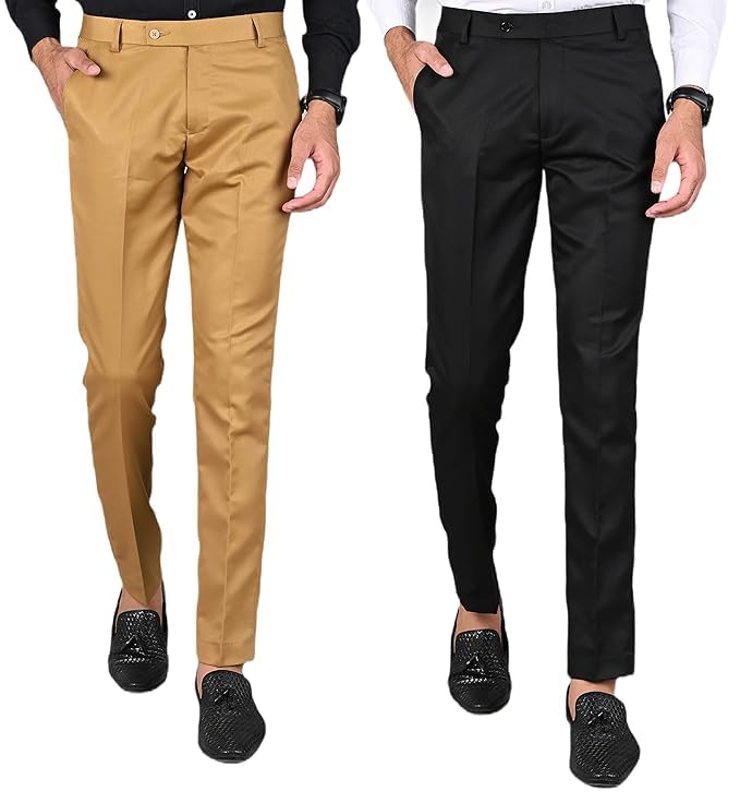 Men's Formal Slim Fit Trousers, Khaki and Black, Pack of 2-picture-25