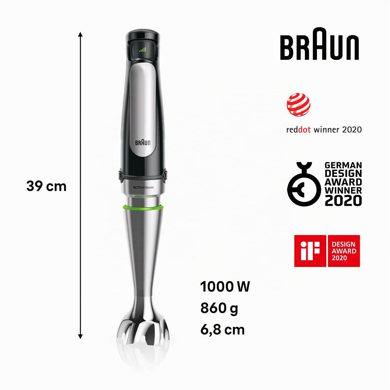 Braun Minipimer 7 MQ7075X - Batidora de Mano de 1000W, 3 Accesorios (Varillas, Procesador de Alimentos con 3 Funciones, Vaso de 600ml), Antisalpicaduras, Velocidad Automática, Tecnología Active Blade