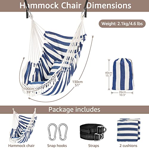 Chihee Hammock Chair Hanging Swing 2 Pillows Included,Strong Webbing Straps And Hooks For Easy Hanging Soft Cotton Hanging Chair Side Pocket Tassel Chair Comfort Indoor Outdoor Blue White #TOP5