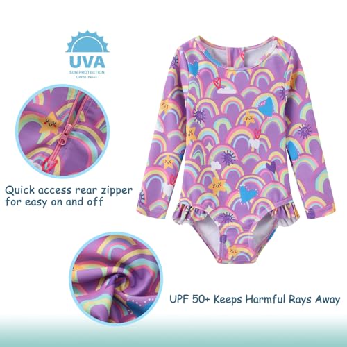 Baby Girls One Piece Swimsuits Long Sleeve Rash Guard for Kids Girls UPF 50+ Sun Protection Swimshirts3