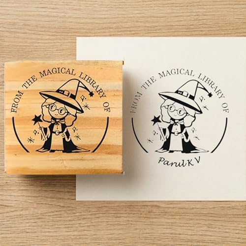 Image of Kunya Personalised Book Stamp with Your Name(3.5 cm Dia), customised for Stamping Books for Readers, Great Gift for booklovers, Kids, Teachers (Magical Libary)