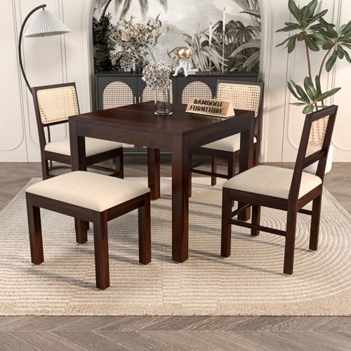 Image of Solid Wood Cane 4 Seater Dining Table Set | Four Seater Dining Table with 3 Cushions Chairs & 1 Bench for Dining Room | 4 Seater Dining Set for Hotel Restaurant | Sheesham, A-Walnut