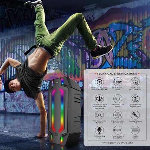 Image of Intex Boombox 80W DJ Party Speaker | Upto 3 Hour Playback Time & Wireless Karaoke Mic | 7 Mode RGB Lights, Dynamic Bass and Sound Effect | LED Display, TWS Function & Remote Control (Black)