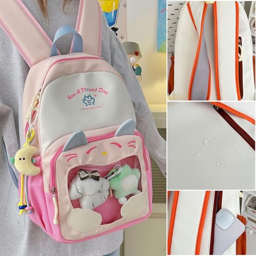 Kawaii Color Blocking Backpack with Case and Charm for Women Cute Large Capacity Korean Travel Bag Y2K Ita Bag Daypack (Khaki)4
