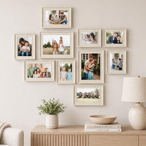 Image of Wooden Collage Photo Frame Set of 10 for Wall Decor | Multi Size Family Picture Frames Gallery Wall Set | Wooden Photo Frames for Living Room, Bedroom, Hallway & Home Decoration (Cave White)