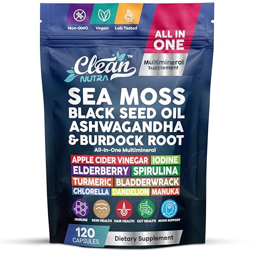 Clean Nutraceuticals Sea Moss Black Seed Oil Ashwagandha Turmeric Bladderwrack Burdock & Vitamin C Vitamin D3 with Elderberry Manuka Dandelion (120 Count (Pack of 1))